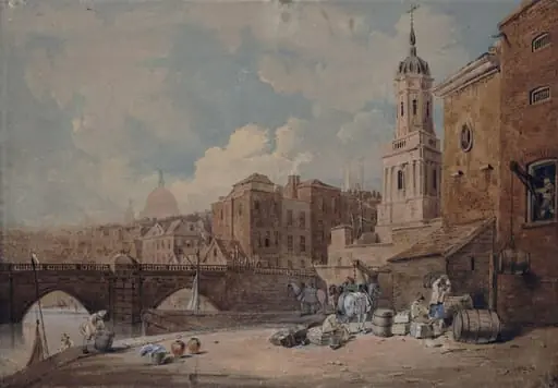 Part of Old London Bridge, with St. Magnus's Church, by John Thirtle
