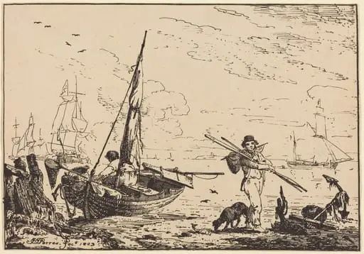 Marine: Fishing Boats on Shore, Man with Oars, Ship in Distance, by John Thomas Serres