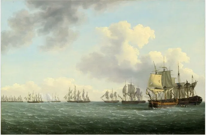 'The Robust' Taking Possession of 'The Hoche', by John Thomas Serres, oil, 1800