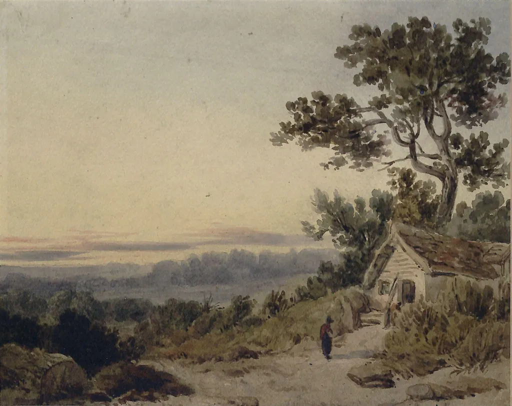Landscape with cottage, by John Throsby, watercolor, 1760