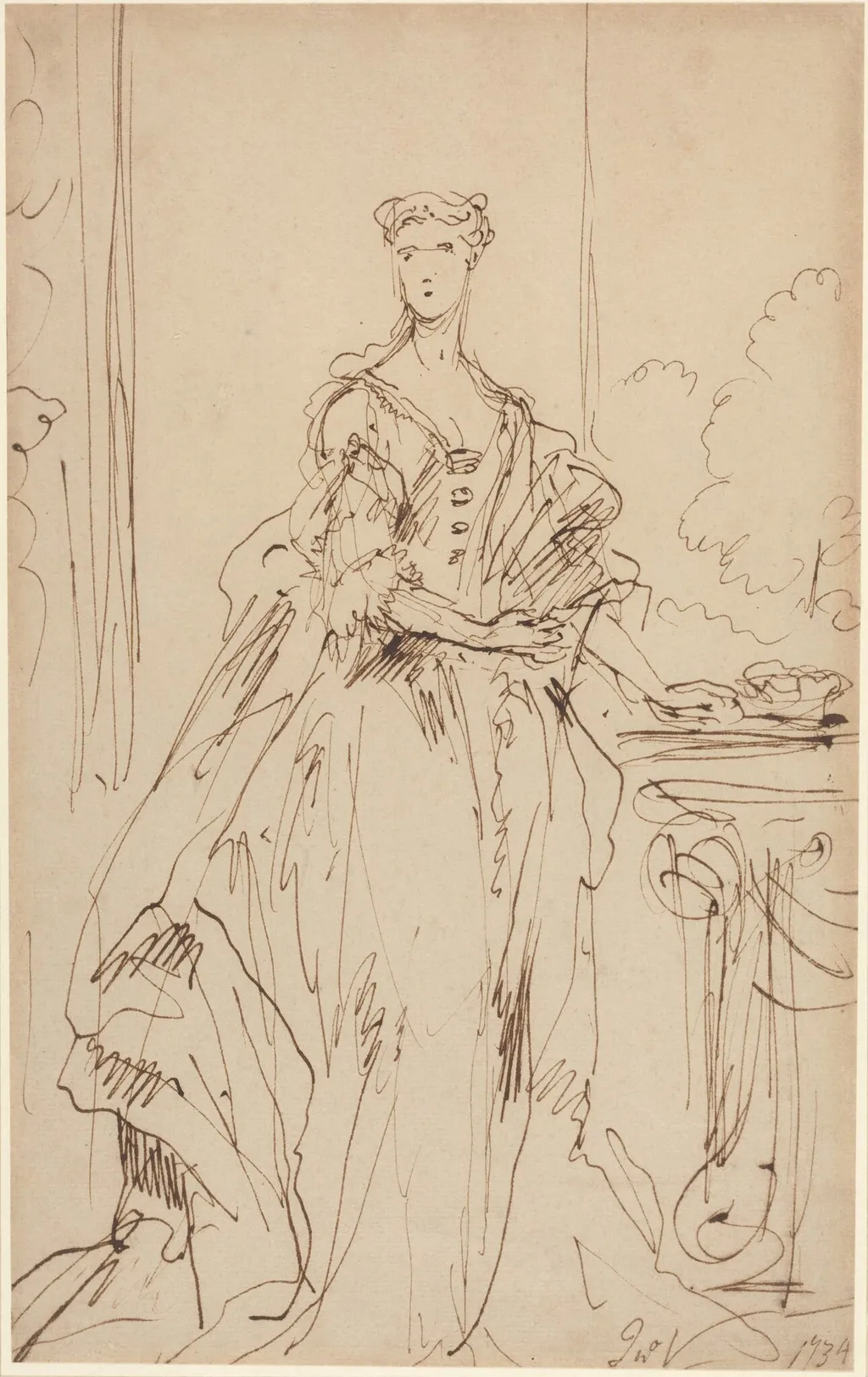 Portrait of a Standing Lady, by John Vanderbank, ink, 1734