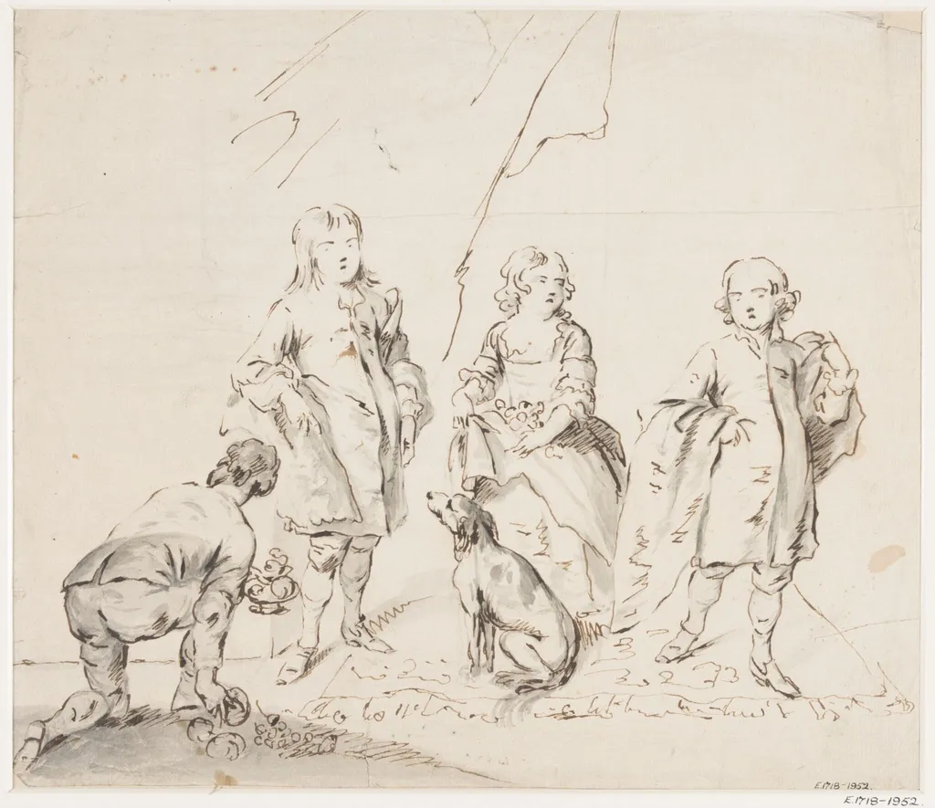 Two boys and a girl standing on a carpet., by John Vanderbank, 1750