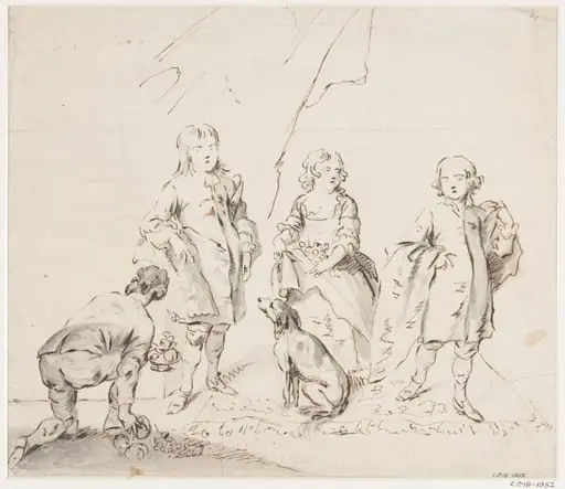 Two boys and a girl standing on a carpet., by John Vanderbank