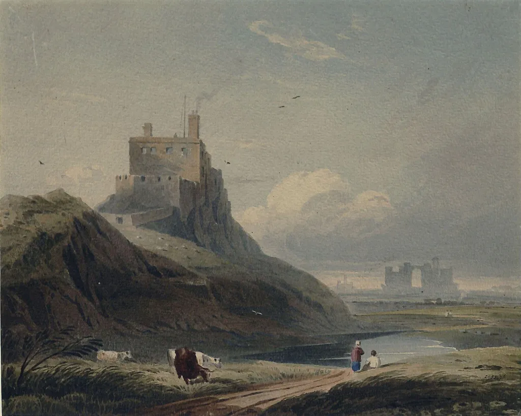 Castle at Holy Island, and Lindisfarne Abbey, by John Varley, watercolor, 1811