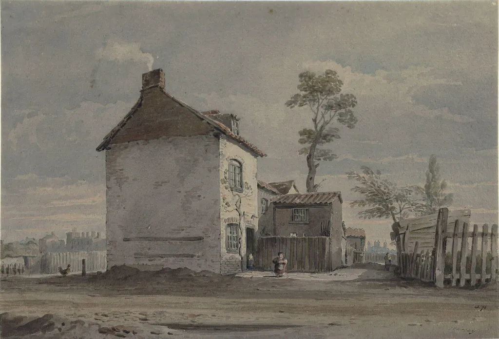 Cottages in a landscape, by John Varley, watercolor, 1800