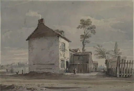 Cottages in a landscape, by John Varley