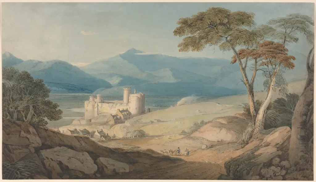 Harlech Castle and Snowdon, by John Varley, graphite, 1805
