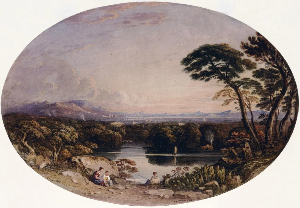 Landscape composition with an angler and two female figures in foreground, by John Varley, watercolor, 1841