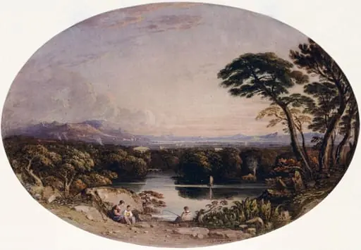 Landscape composition with an angler and two female figures in foreground, by John Varley