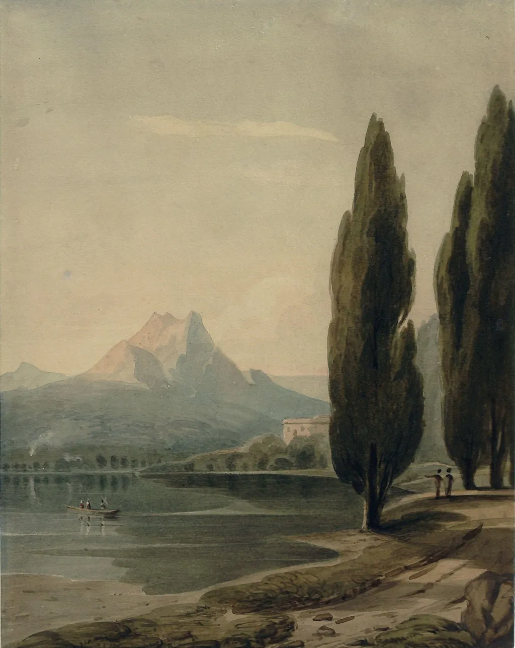 Landscape with Cypress Trees: Mountains in the distance, by John Varley, watercolor, 1800