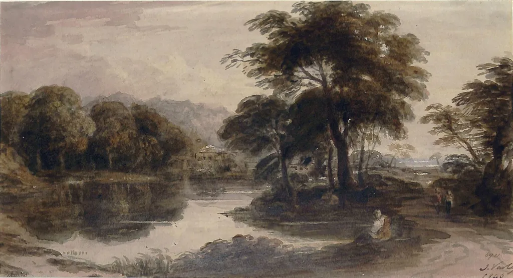 Landscape with pond, by John Varley, watercolor, 1840