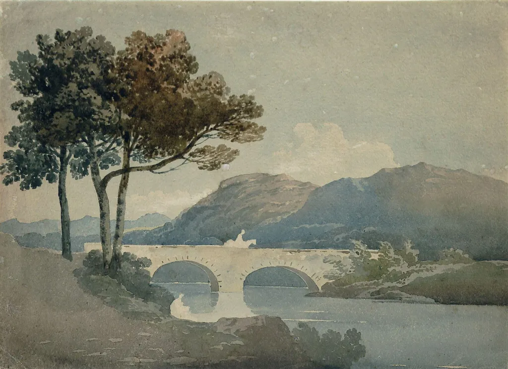 Mountain landscape with bridge, by John Varley, watercolor, 1800