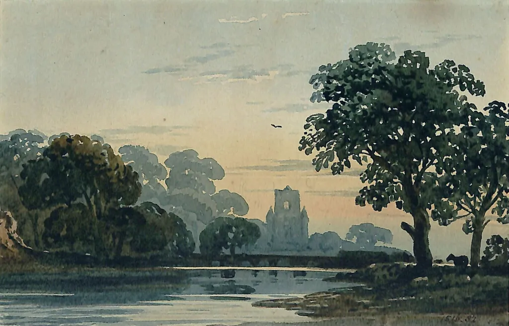 River scene with church in the background, by John Varley, watercolor, 1800