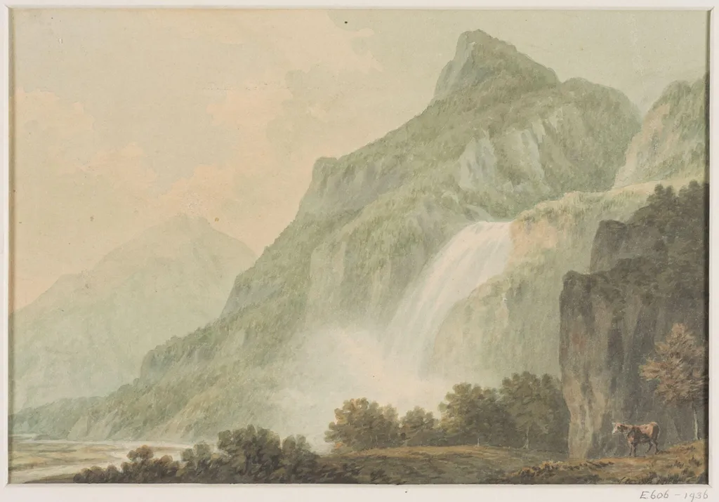 Landscape with waterfall, by John 'Warwick' Smith, watercolor, 1786