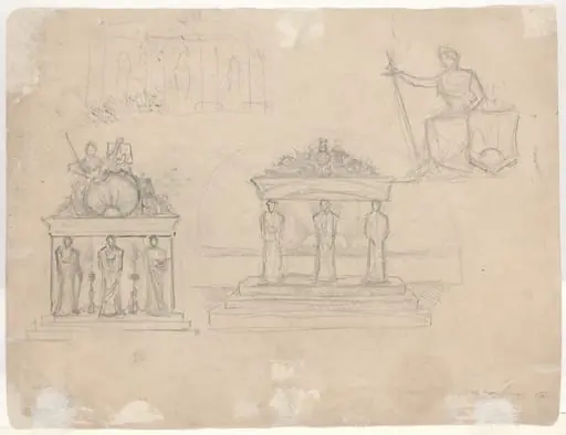 Studies of Classical Temple Facades and Seated Female Figure [verso], by John William Casilear