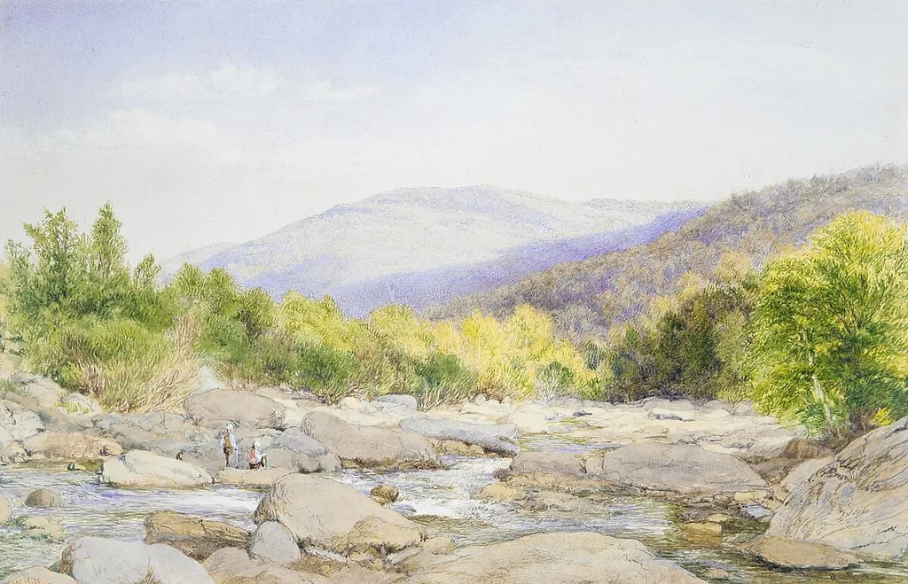 Landscape: View on Catskill Creek, by John William Hill, watercolor, 1867