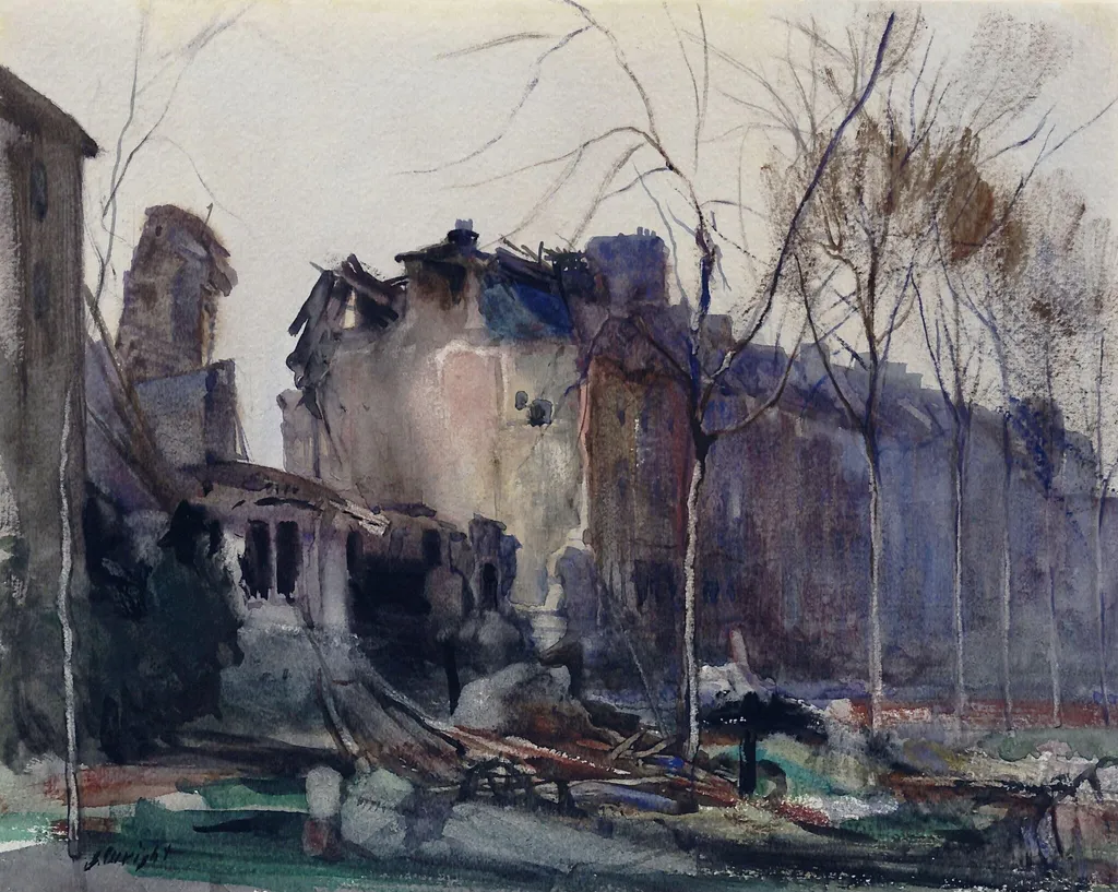 Warrington Crescent, 1918, after the Air Raid, by John Wright RE, watercolor, 1918