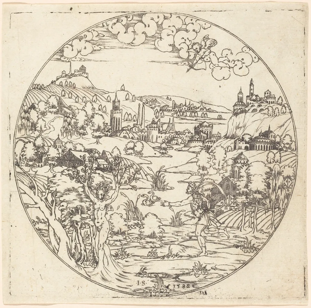 Apollo and Daphne, by Jonas Silber, ink, 1582