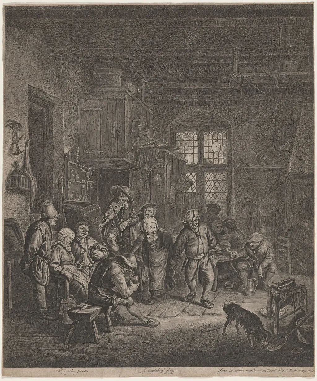 Peasant Interior with a Dancing Couple, by Jonas Suyderhoff, ink, 1650