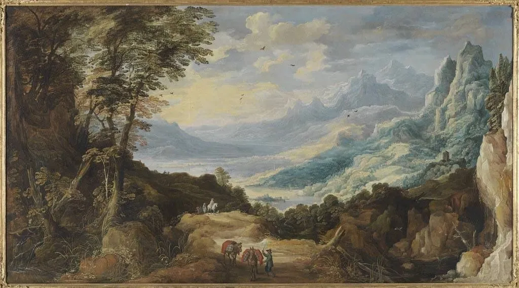 Große Gebirgslandschaft mit Reisenden, by Joos de Momper the Younger, oil, 1623