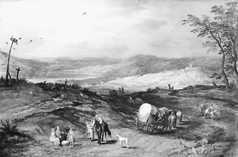 Landscape with a Road Leading Past a Place of Execution, by Joos de Momper the Younger, oil, 1620