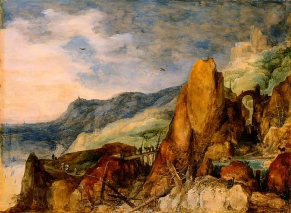 Mountain landscape with fir trunks in a stream, by Joos de Momper the Younger