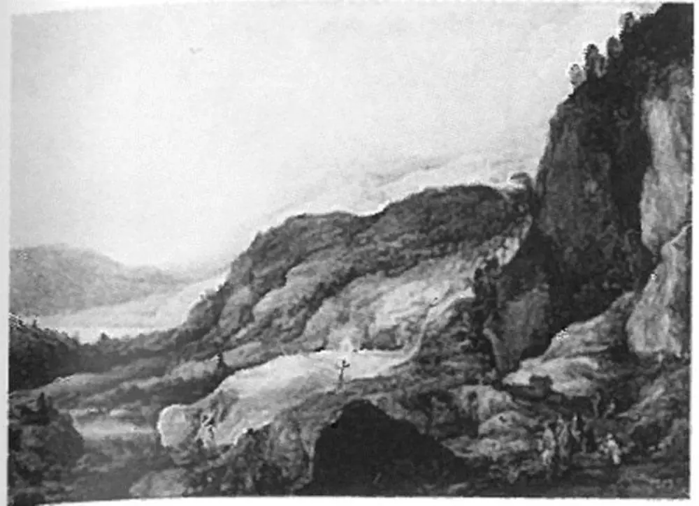 Moutainous landscape with four riders and two beggars, by Joos de Momper the Younger