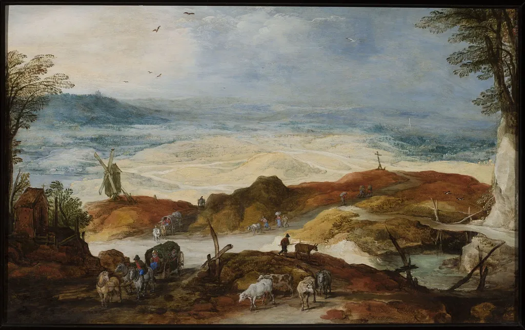 Sandy landscape with travellers and cattle, by Joos de Momper the Younger, oil, 1612
