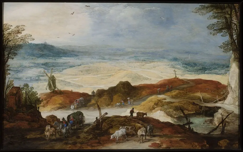 Sandy landscape with travellers and cattle, by Joos de Momper the Younger