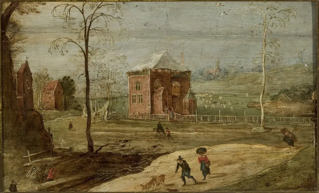 Winter landscape in the countryside with a building, by Joos de Momper the Younger