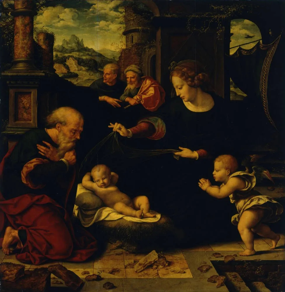 Maria und Joseph, vor dem Kind kniend, by Joos van Cleve, unspecified, 1513