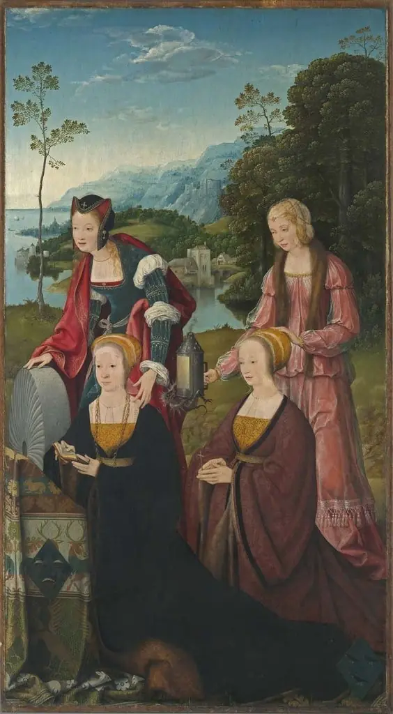 Marientod Altar: Saints Christina and Gudula with donors Christina and Sibilla Hackeney behind outside: SS. Sebastian and Roch, by Joos van Cleve