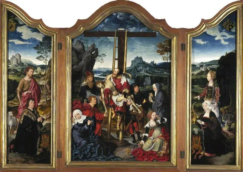 Triptych. Centre: the Deposition from the Cross; Left wing: St John the Baptist with a Donor; Right wing: St Margaret of Antioch with a Donatrix, by Joos van Cleve