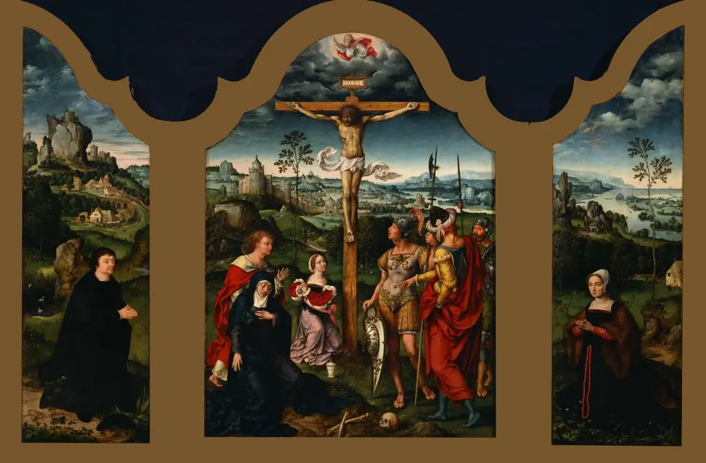 Triptych: The Crucifixion Flanked by the Kneeling Donor and His Wife, by Joos van Cleve
