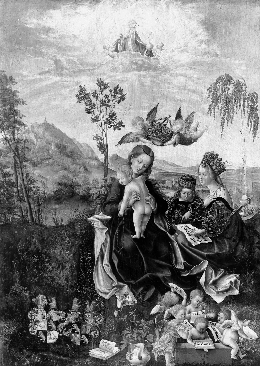 Mary with the child, Saint Catherine, Saint Barbara and angels, by Jörg Breu the Elder, paint, 1512