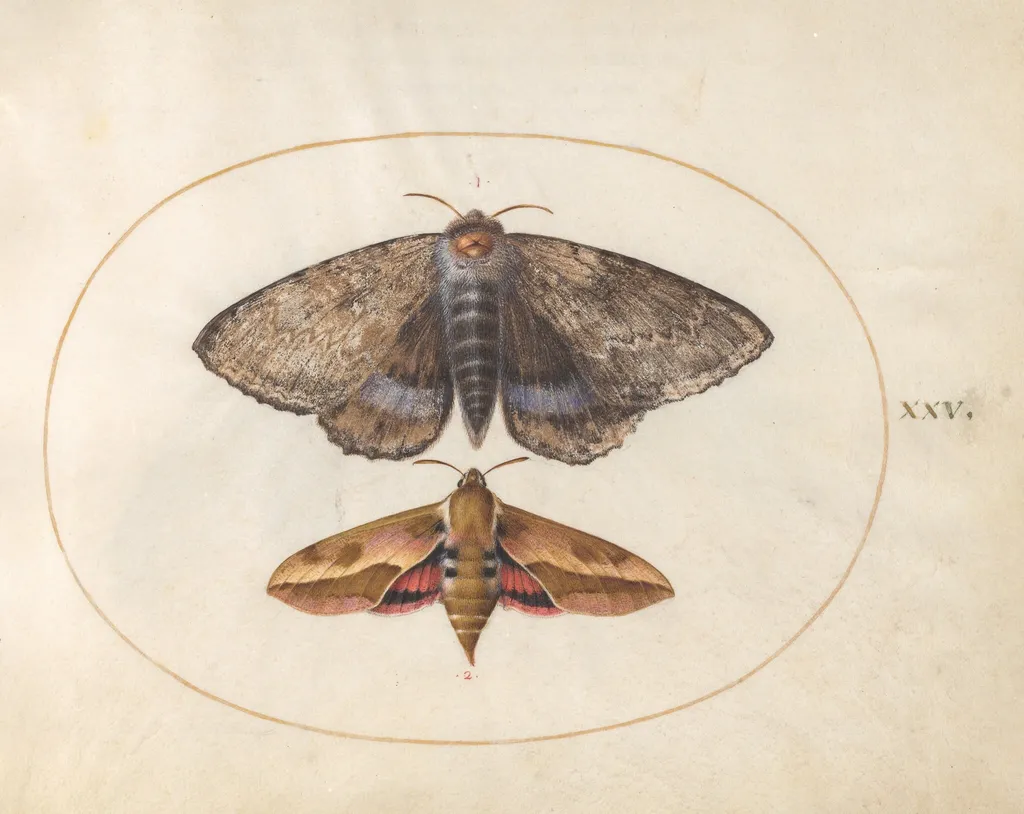 Blue Underwing Moth and Spurge Hawk Moth (plate 25 from Ignis), by Joris Hoefnagel, gouache, 1594