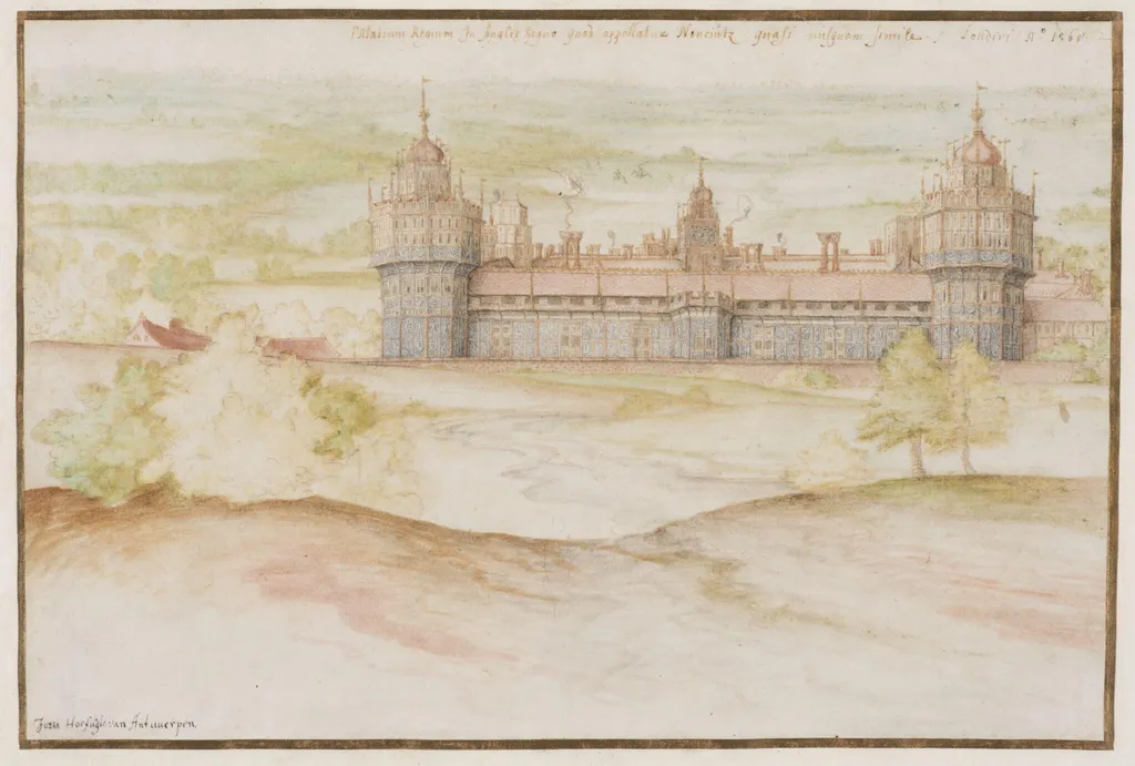 Nonsuch Palace from the South, by Joris Hoefnagel, watercolor, 1568