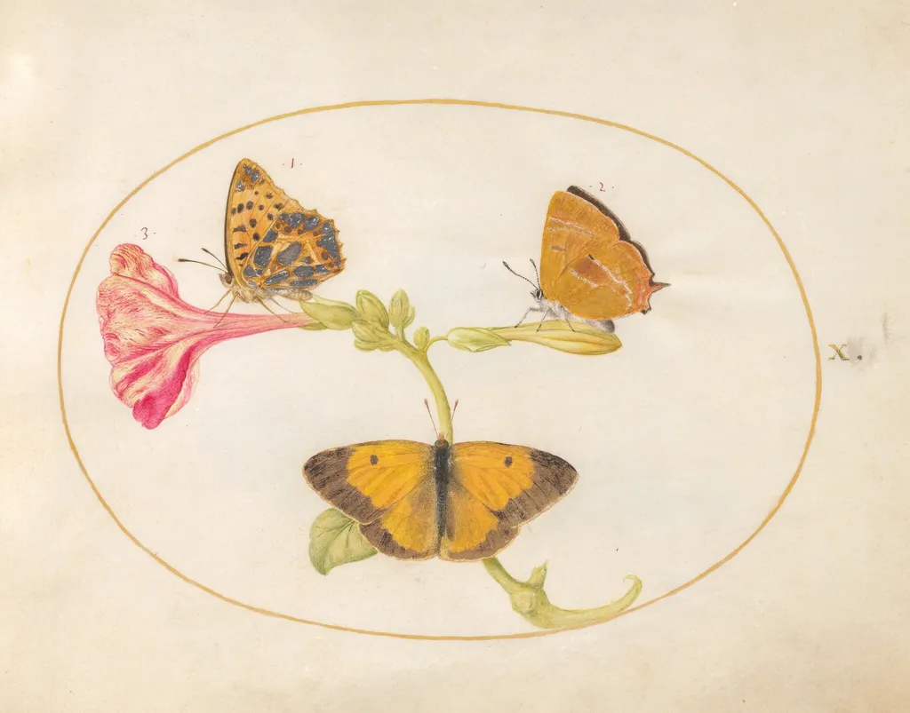 Plate 10: Brown Hairstreak, Silver-Washed Fritillary, and Clouded Yellow Butterflies on a Four-o'-Clock Flower, by Joris Hoefnagel, gouache, 1594