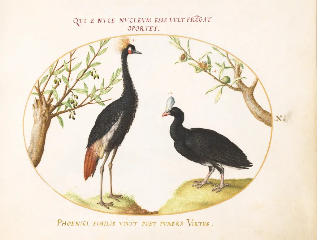 Plate 10: Gray Crowned Crane and Helmeted Curassow, by Joris Hoefnagel, gouache, 1594