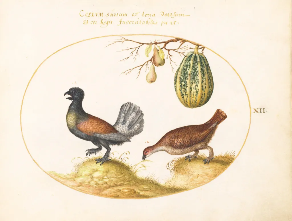 Plate 12: Pair of Wood Grouse with a Melon and Pears, by Joris Hoefnagel, gouache, 1594