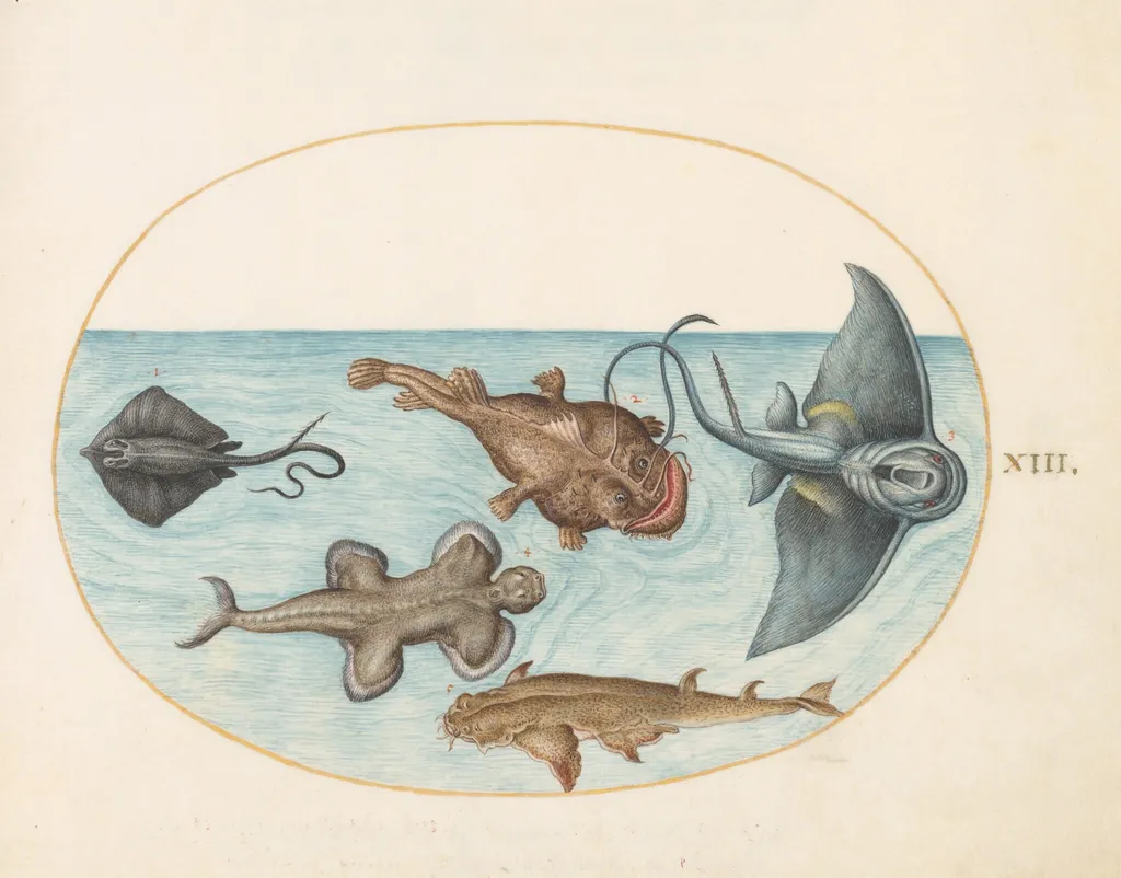 Plate 13: Two Stingrays, an Anglerfish, a Monkfish(?) and an Angel Shark, by Joris Hoefnagel, gouache, 1594