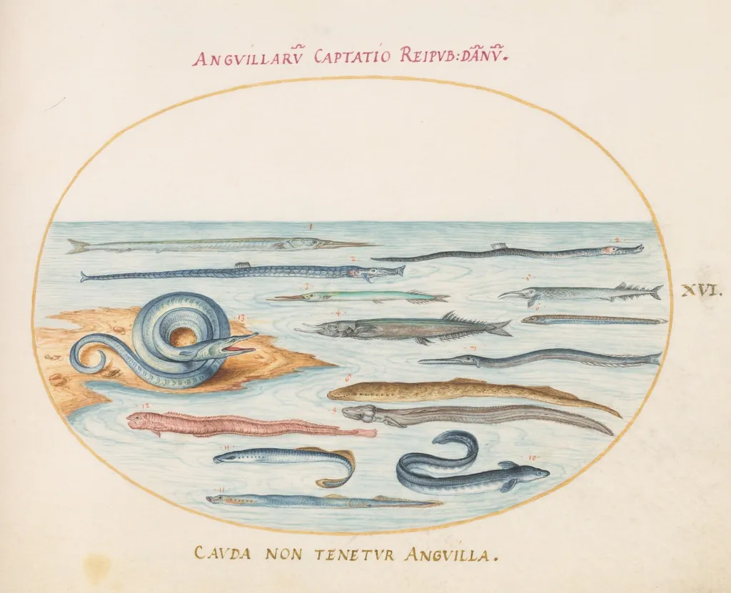 Plate 16: Eels, Pipefish, and Needlefish, by Joris Hoefnagel, gouache, 1594