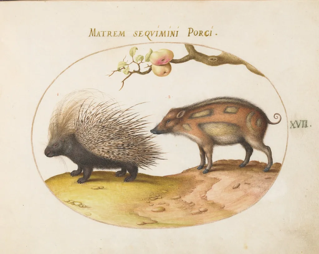 Plate 17: Old World Porcupine (Hystrix) and Wild Pig, by Joris Hoefnagel, gouache, 1594