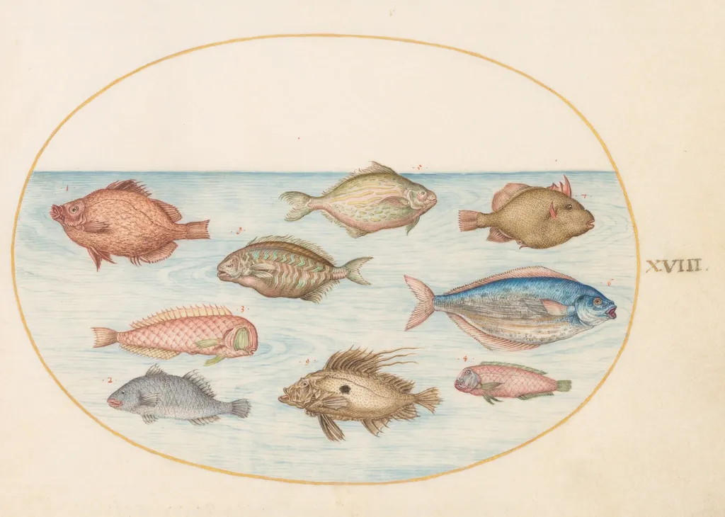 Plate 18: Boarfish, Razorfish, Butterfish, a John Dory, and Other Fish, by Joris Hoefnagel, gouache, 1594