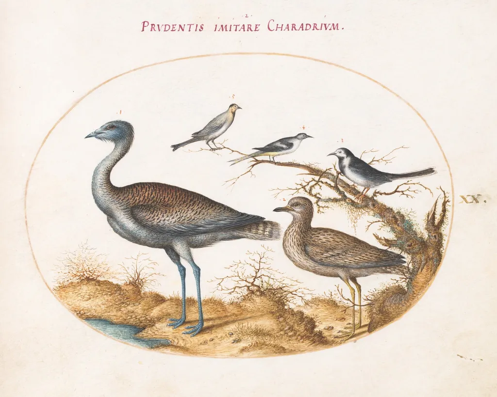 Plate 20: A Plover with Four Other Birds, by Joris Hoefnagel, gouache, 1594