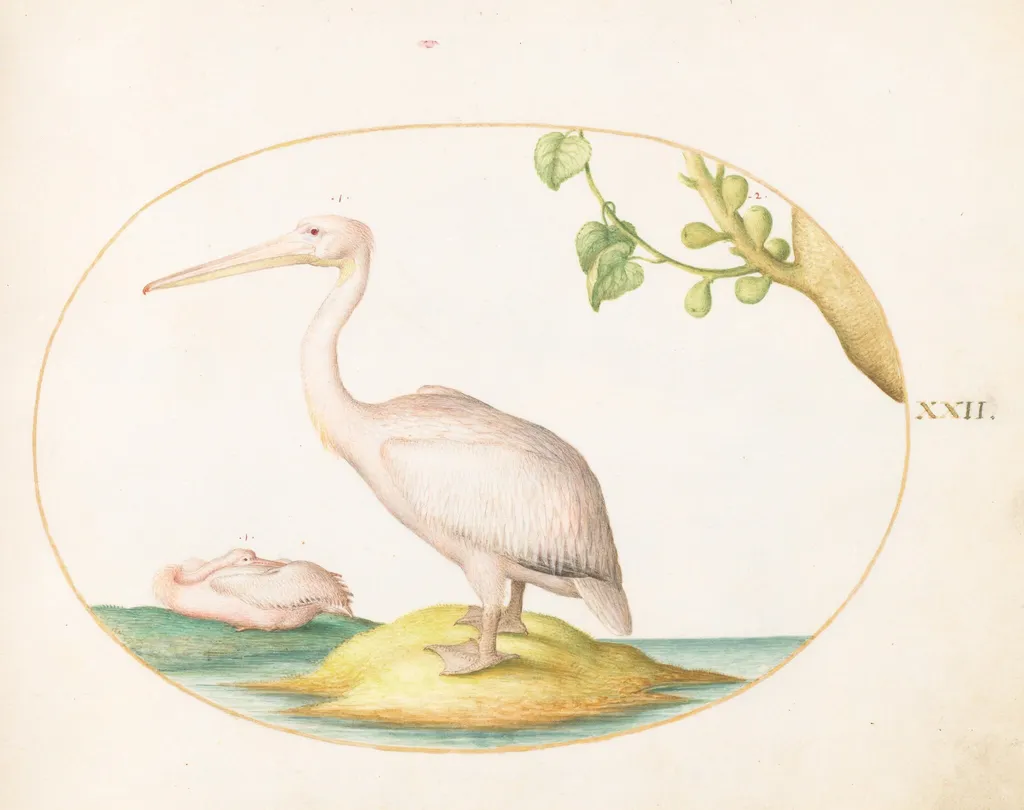 Plate 22: Two White Pelicans with a Sycamore Fig, by Joris Hoefnagel, gouache, 1594