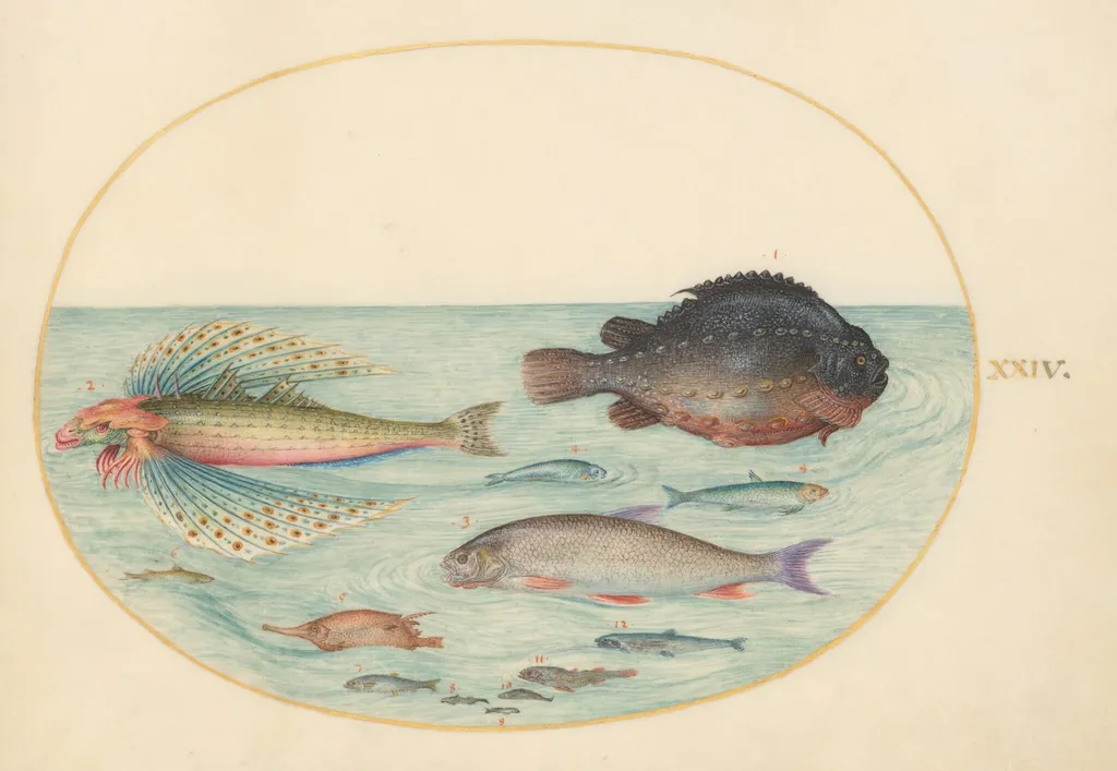 Plate 24: Flying Swallow Gurnard, Male Lumpsucker, Longspine Snipefish, and Other Fish, by Joris Hoefnagel, gouache, 1594