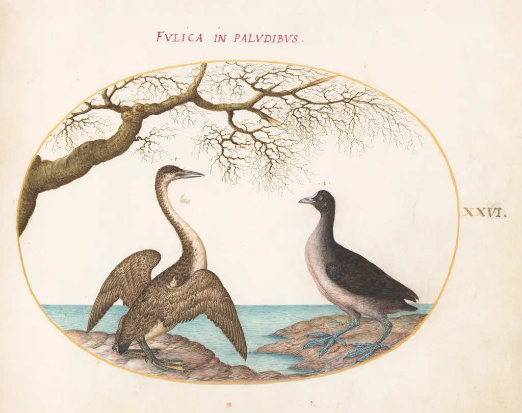 Plate 26: Cormorant and Coot, by Joris Hoefnagel, gouache, 1594