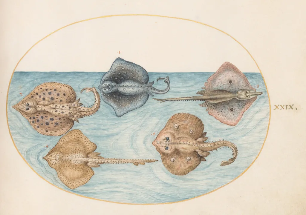 Plate 29: Homelyn Ray and Four Other Rays or Skates, by Joris Hoefnagel, gouache, 1594
