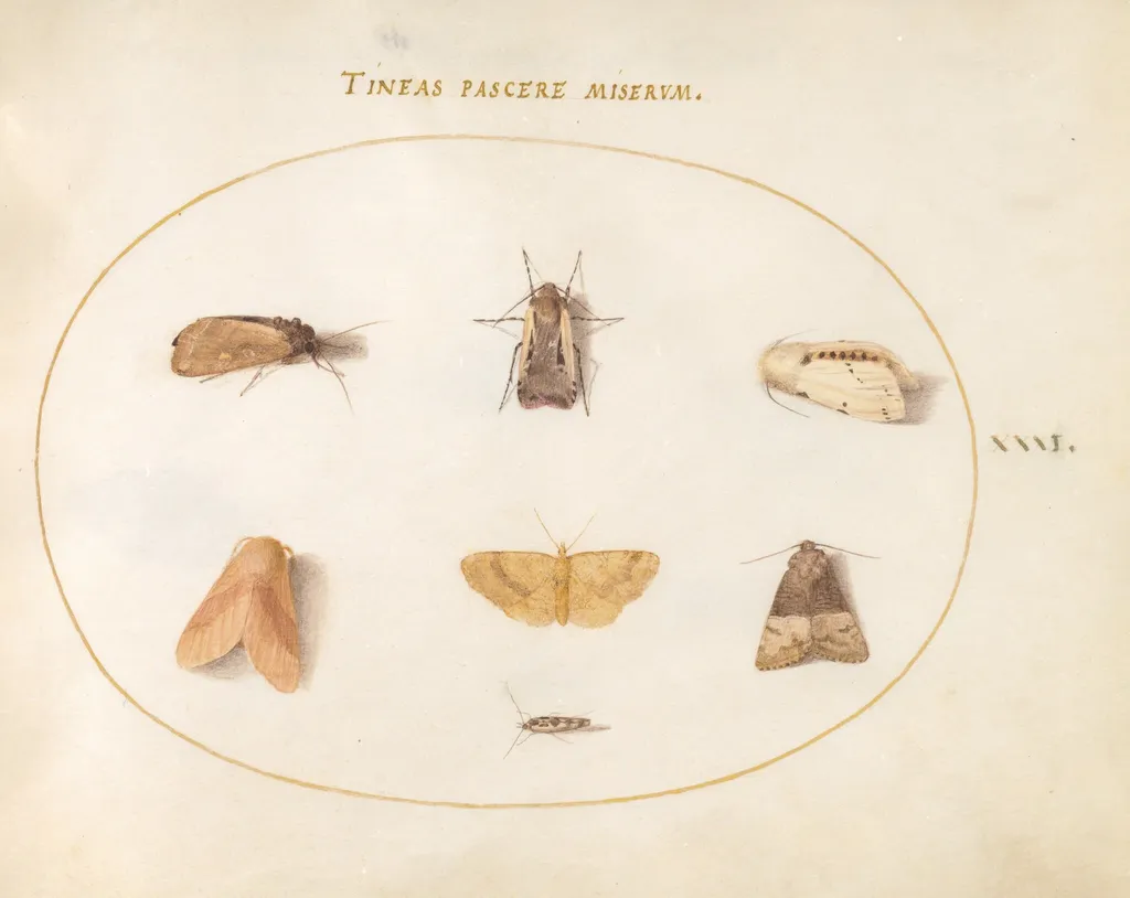 Plate 31: Seven Moths, by Joris Hoefnagel, gouache, 1594